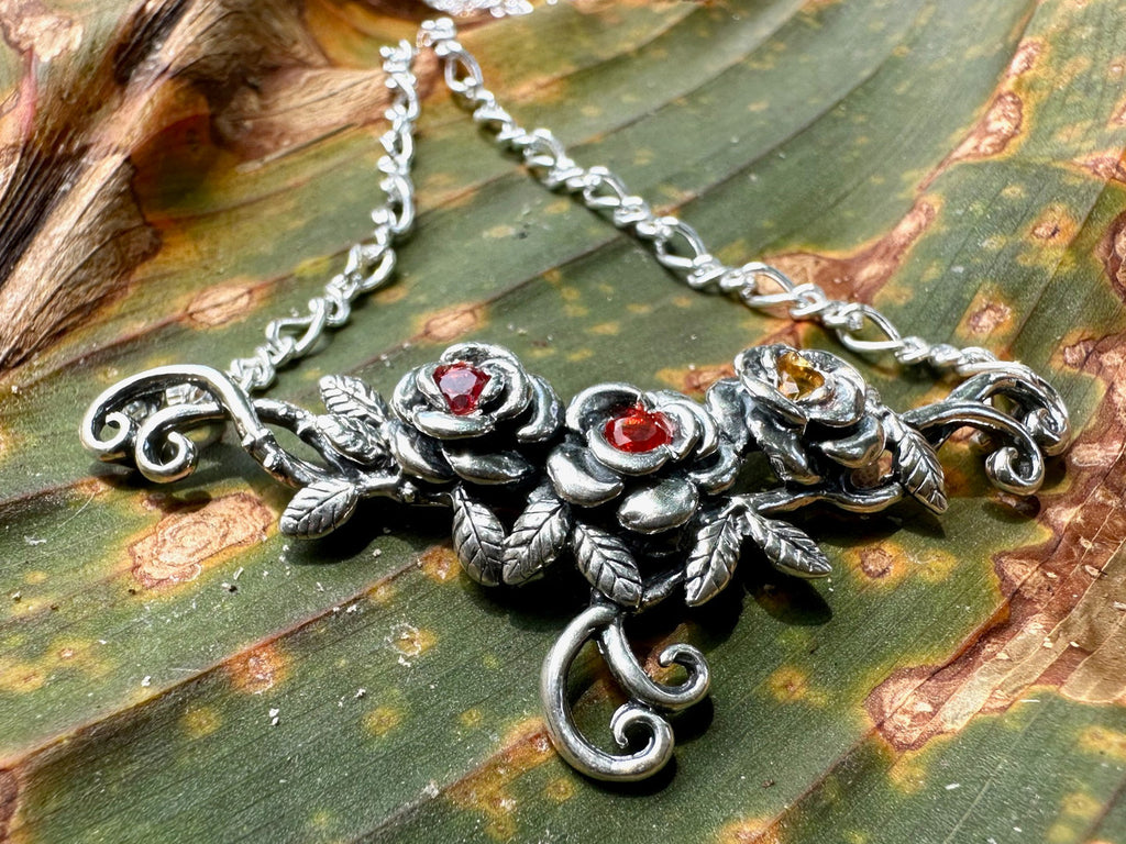 Rose Tendril Pendant with Pink and Yellow Sapphires and Mexican Fire Opal
