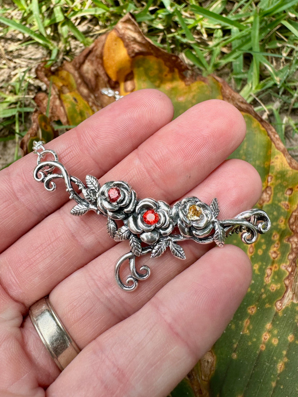 Rose Tendril Pendant with Pink and Yellow Sapphires and Mexican Fire Opal