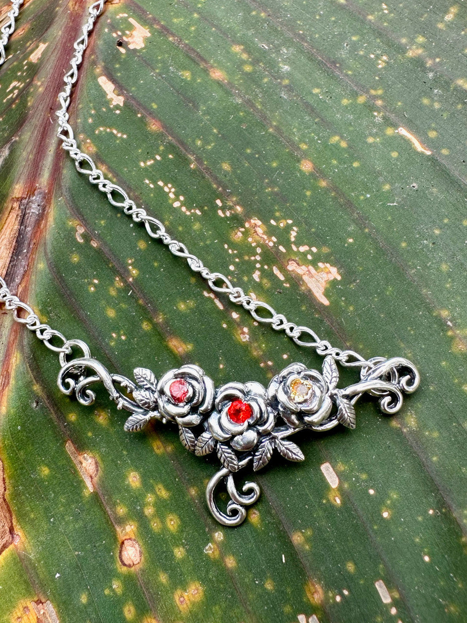 Rose Tendril Pendant with Pink and Yellow Sapphires and Mexican Fire Opal