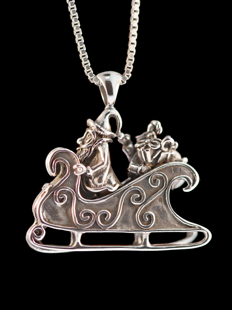 Santa Clause and Sleigh Pendant - Sterling Silver