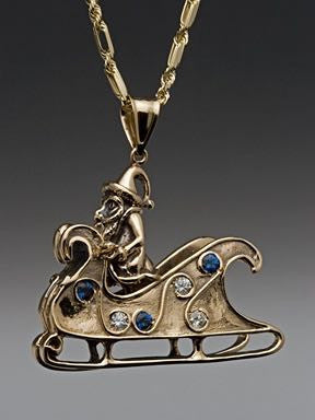 Christmas - Santa and Sleigh Pendant - 14K Gold with Gemstones