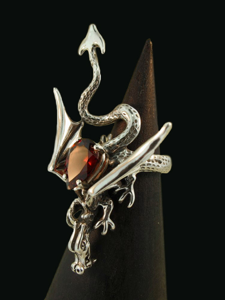 Dragon Sculpture Ring with Mozambique Garnet - Silver