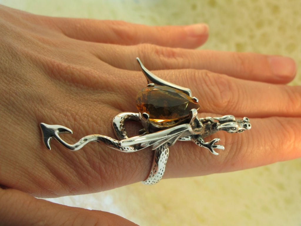 Sculpture Dragon Ring With Citrine - Sterling Silver