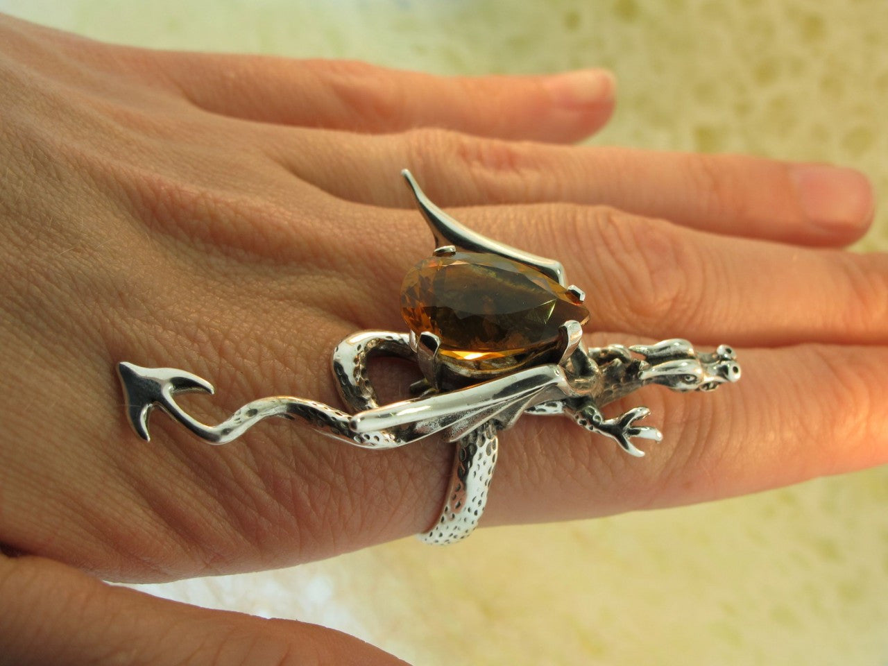 Sculpture Dragon Ring With Citrine - Sterling Silver
