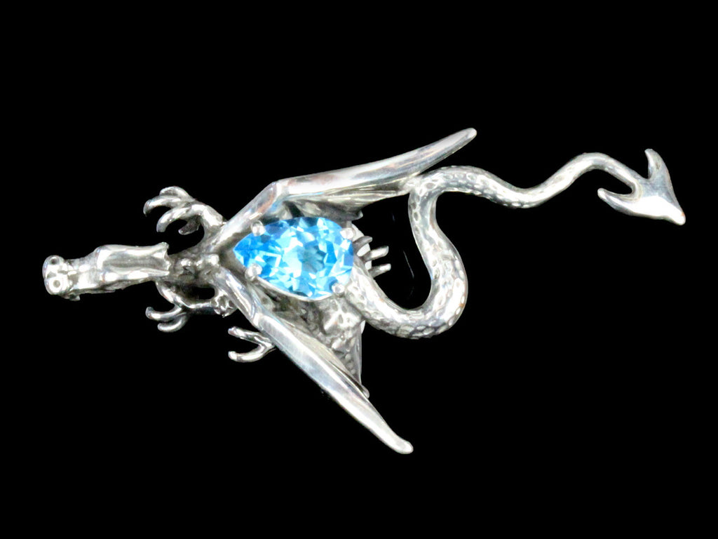 Dragon Sculpture Ring with Blue Topaz - Silver