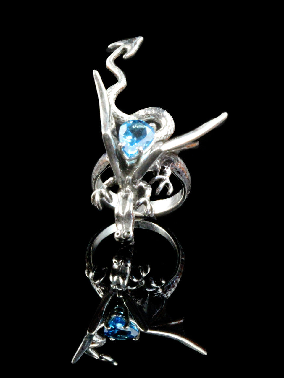 Dragon Sculpture Ring with Blue Topaz - Silver