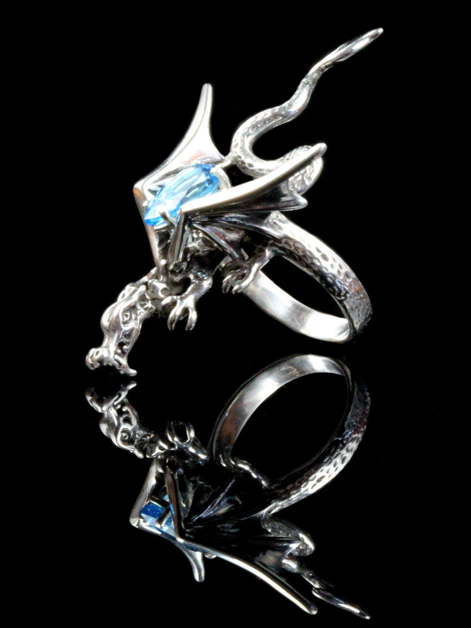 Dragon Sculpture Ring with Blue Topaz - Silver