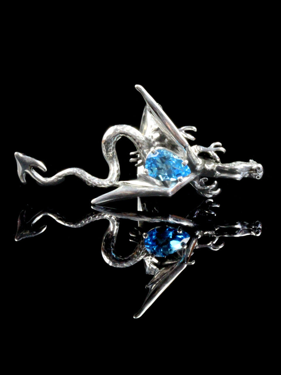 Dragon Sculpture Ring with Blue Topaz - Silver