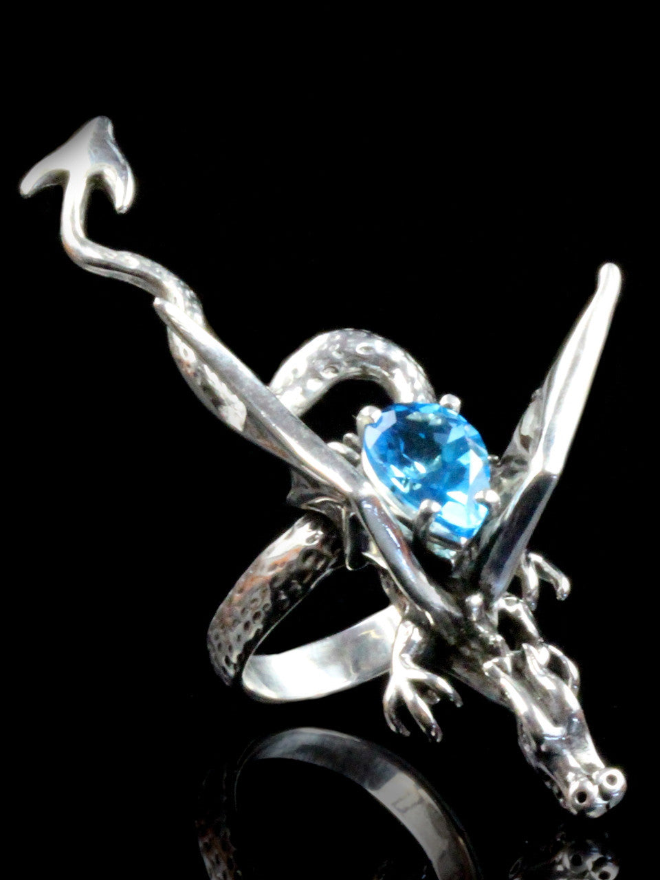 Dragon Sculpture Ring with Blue Topaz - Silver