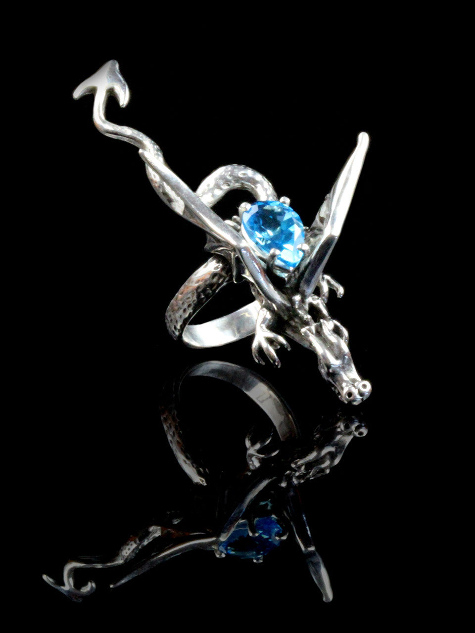 Dragon Sculpture Ring with Blue Topaz - Silver