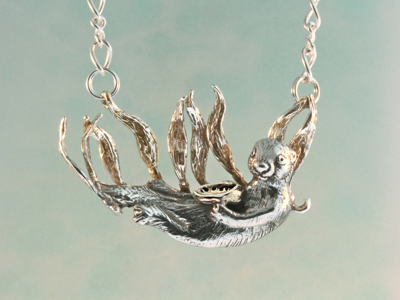 Sea Life - Sea Otter Pendant with Gold Kelp and Gold Abalone