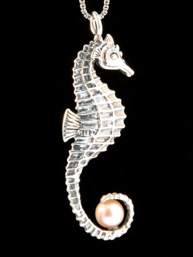 Seahorse with Pink, White or Black Pearl - Silver