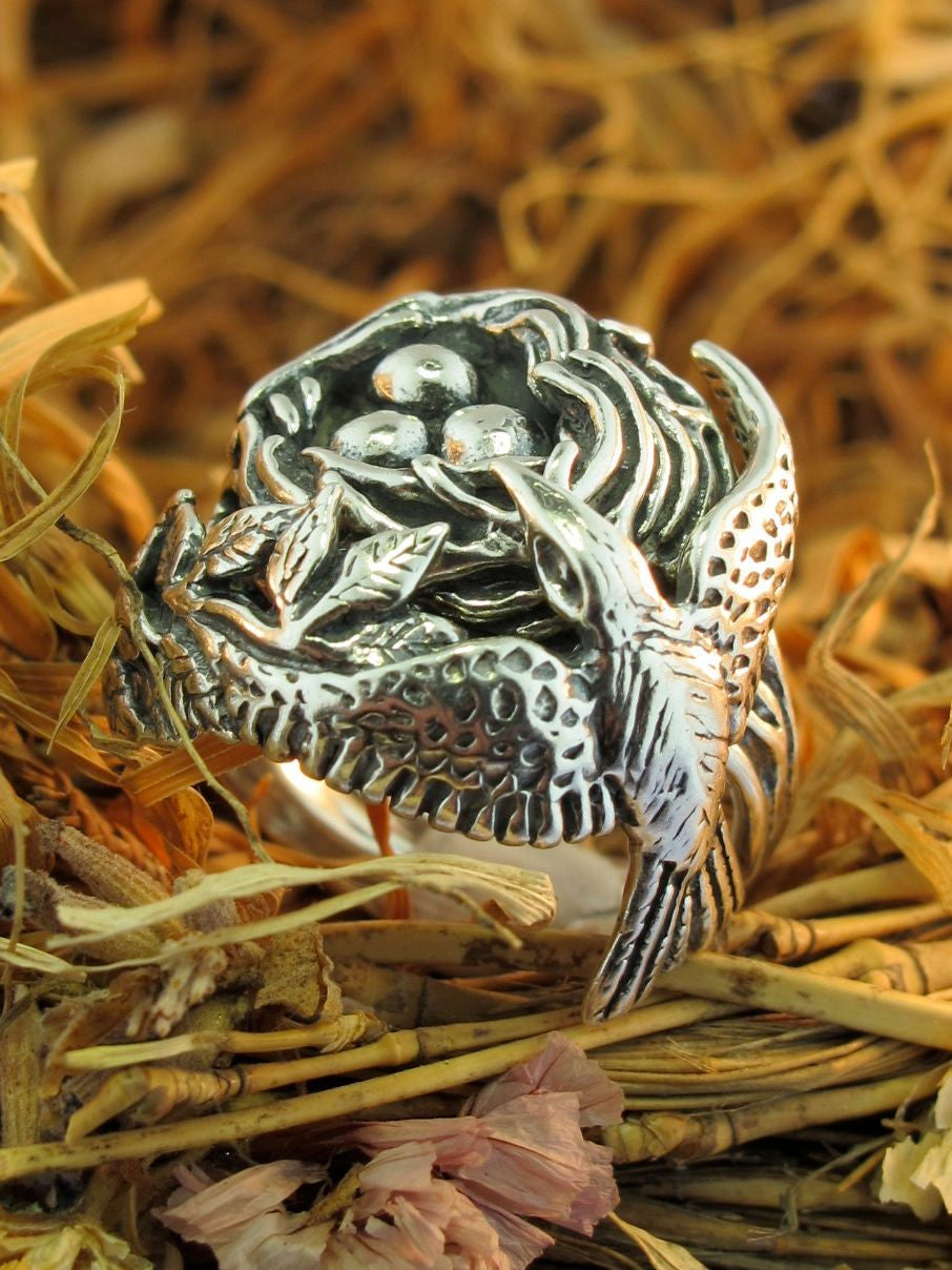 Bird and Bird Nest Ring - Sterling Silver Version