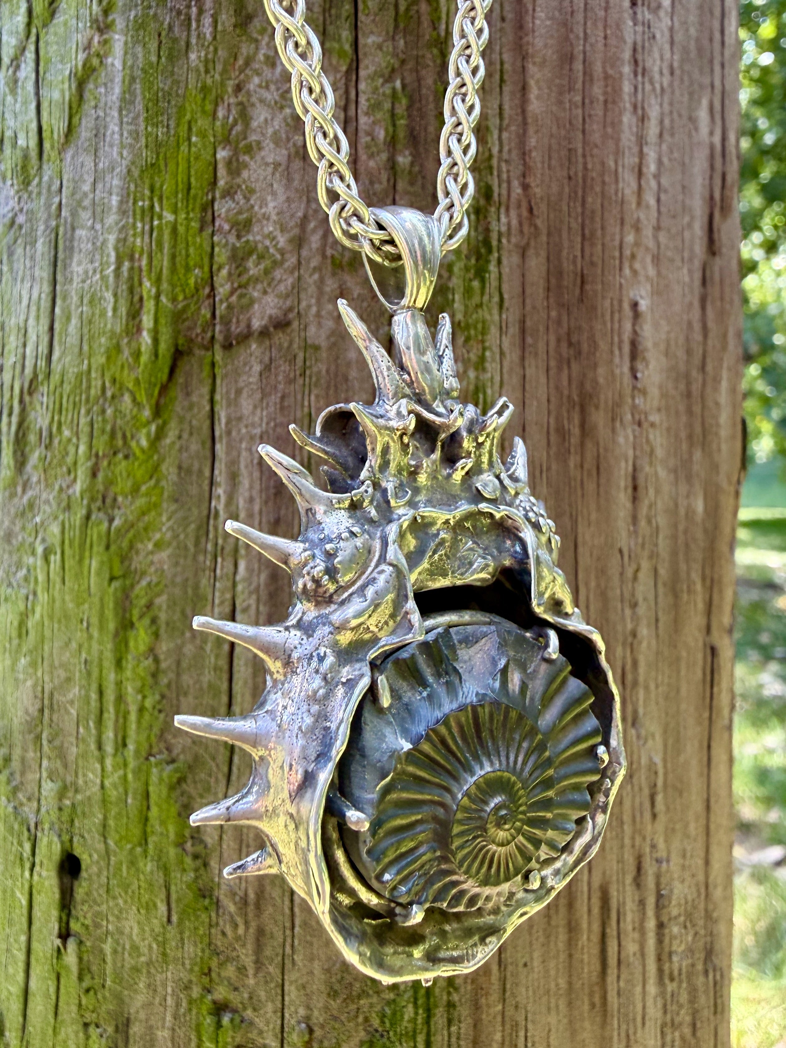 Adriatic Spider Crab Carapace with Ammonite Fossil Negative Treasure - Sterling Silver