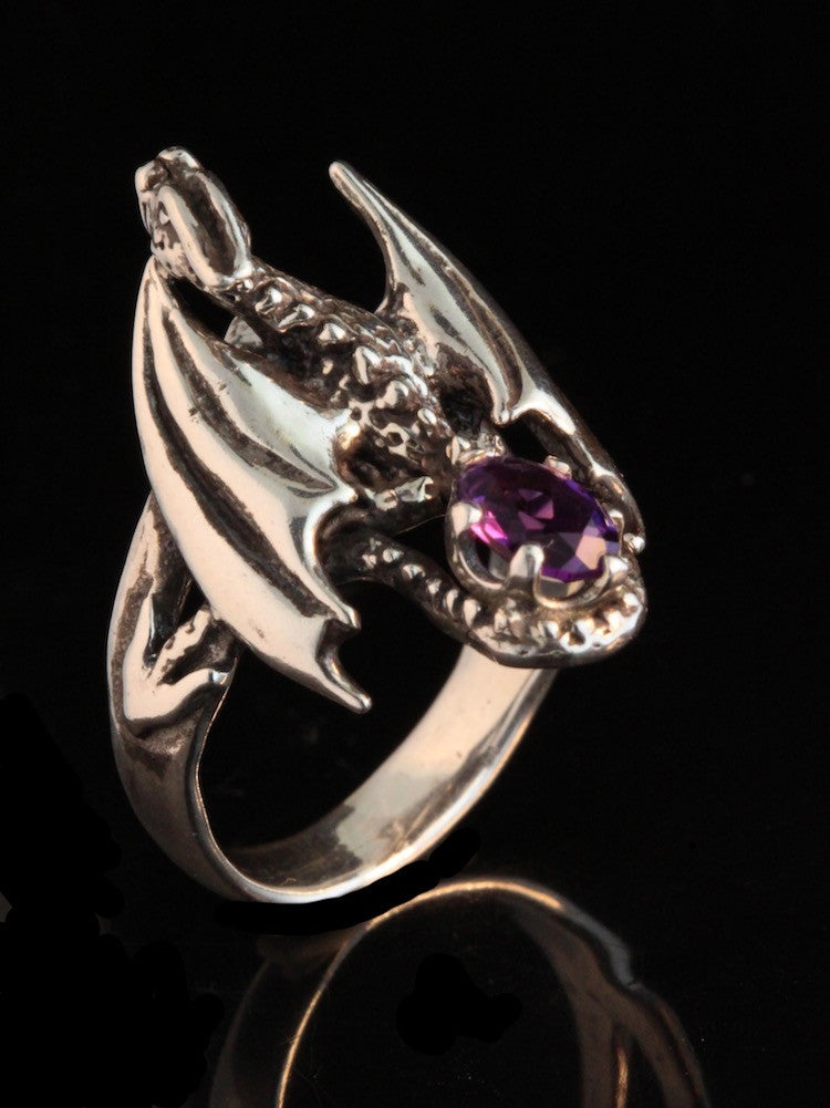 Silver Glider Dragon Ring with Amethyst
