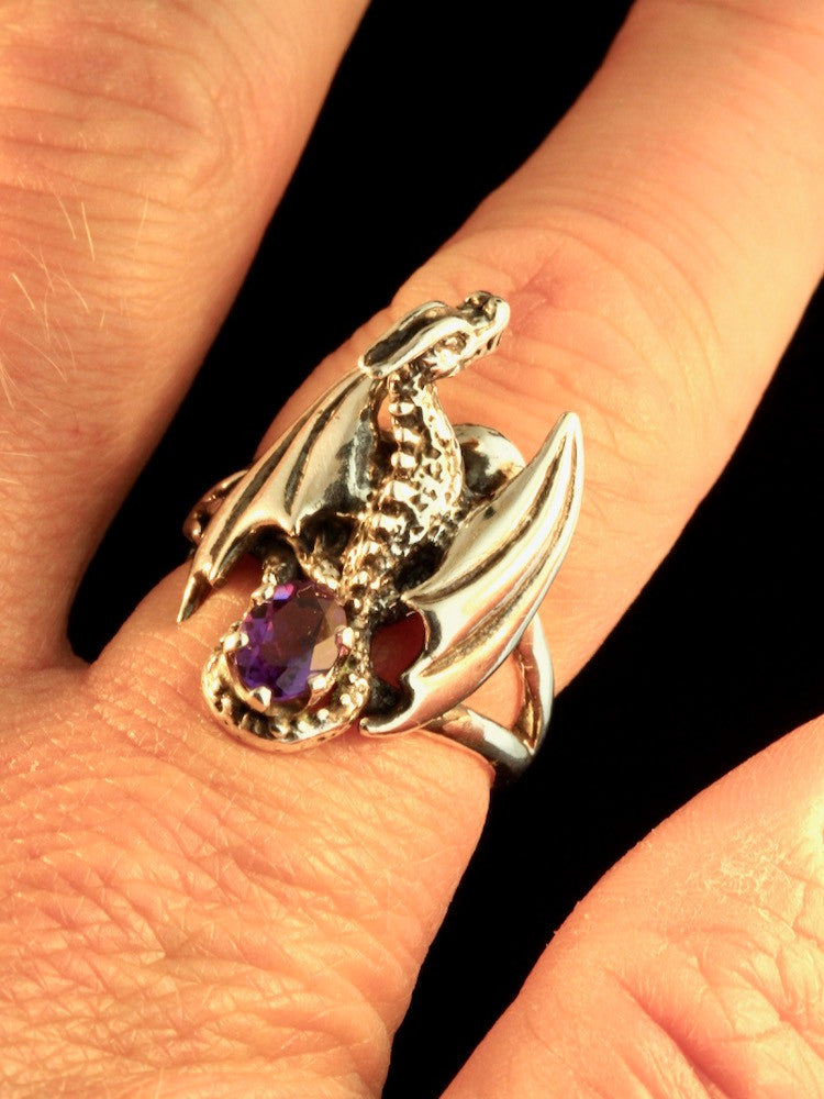 Silver Glider Dragon Ring with Amethyst