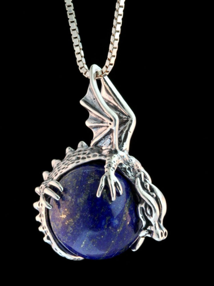 Dragon Orb Pendant with Lapis Orb- Silver