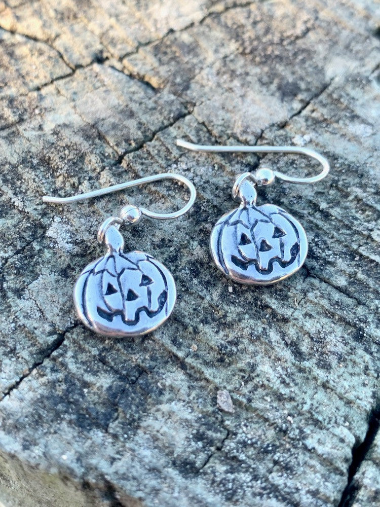 Silver Pumpkin Jack-O-Lantern Earrings