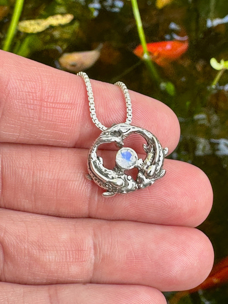 Koi Love Charm with Rainbow Moonstone - Silver