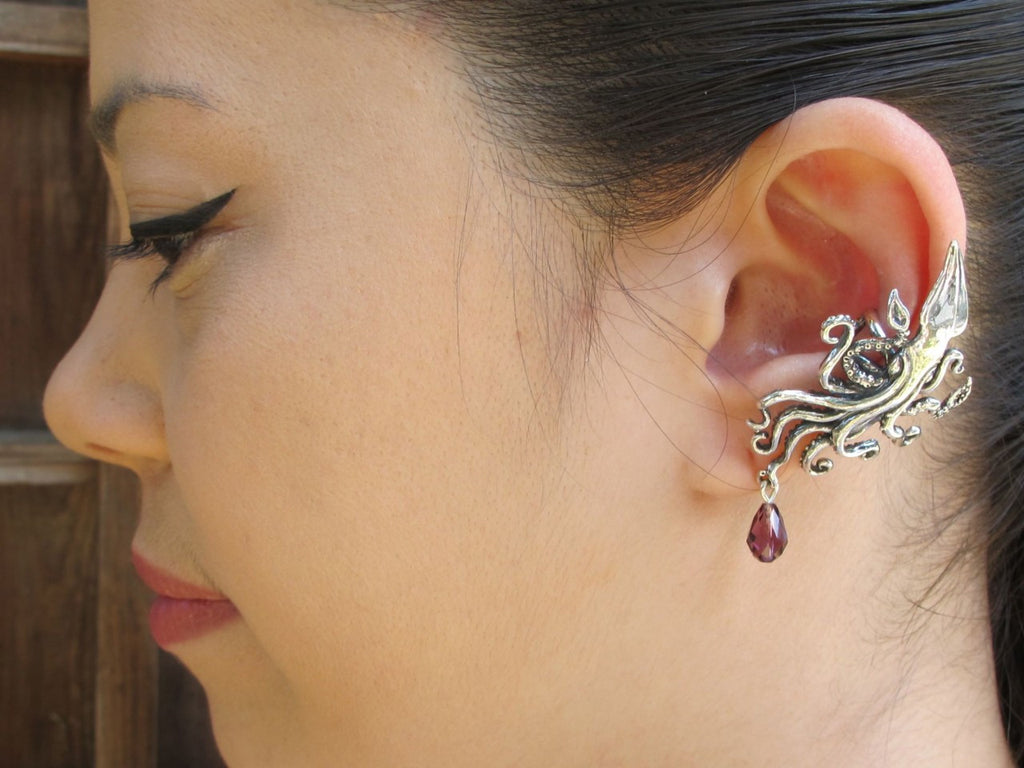 Kraken Squid Ear Cuff with Swarovski Briolette Drop - Sterling Silver