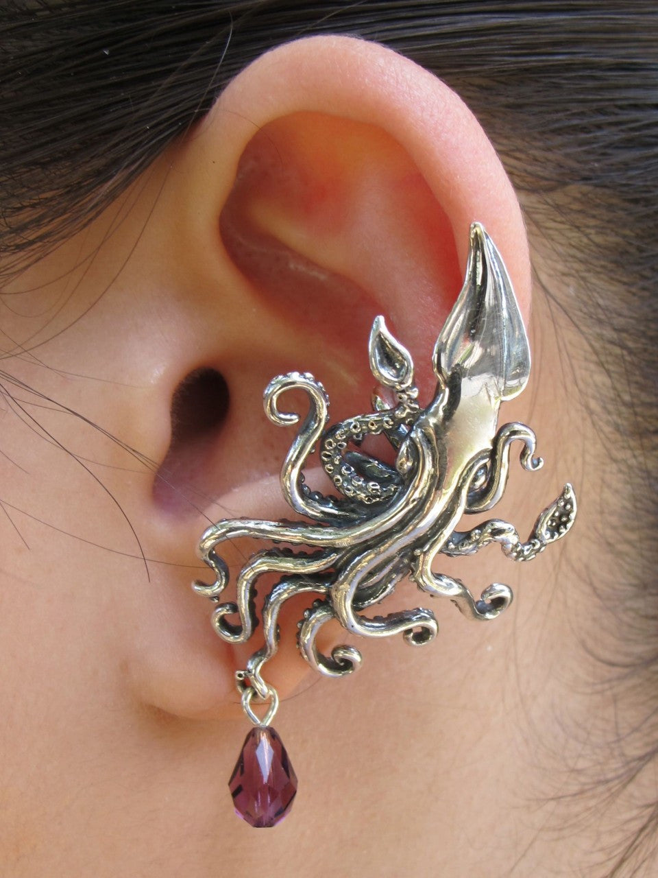 Kraken Squid Ear Cuff with Swarovski Briolette Drop - Sterling Silver