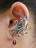 Kraken Squid Ear Cuff with Swarovski Briolette Drop - Sterling Silver