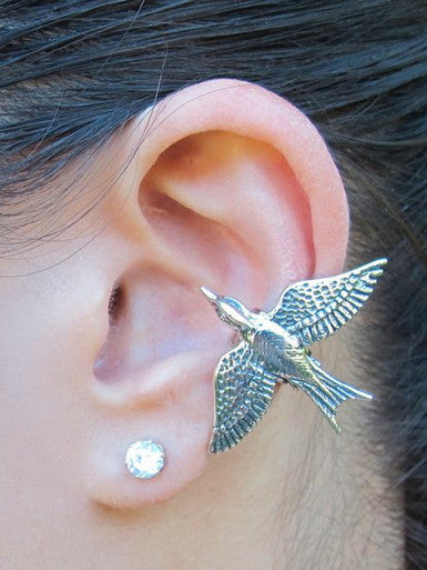 Mocking Jay Bird Ear Cuff - Silver