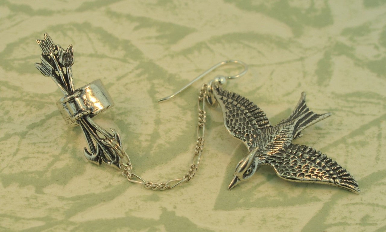 Silver Quiver and Arrows Ear Cuff and Mocking Jay - Bajoran Style in Silver
