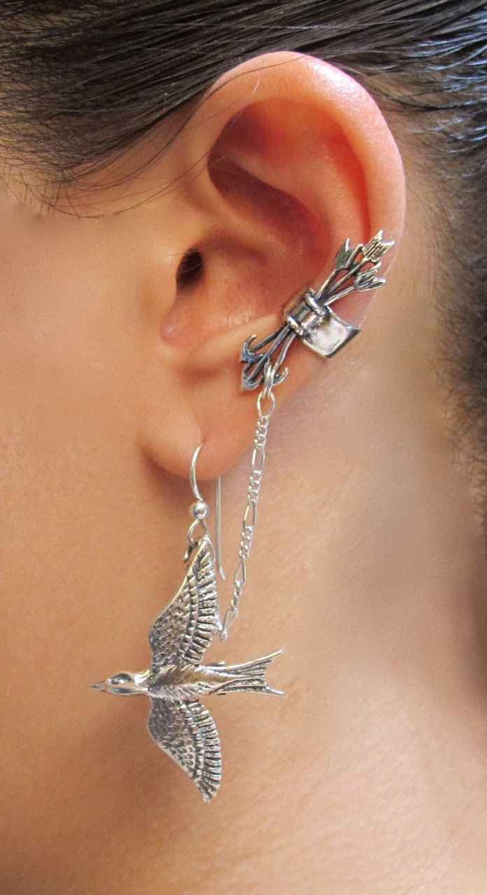 Silver Quiver and Arrows Ear Cuff and Mocking Jay - Bajoran Style in Silver
