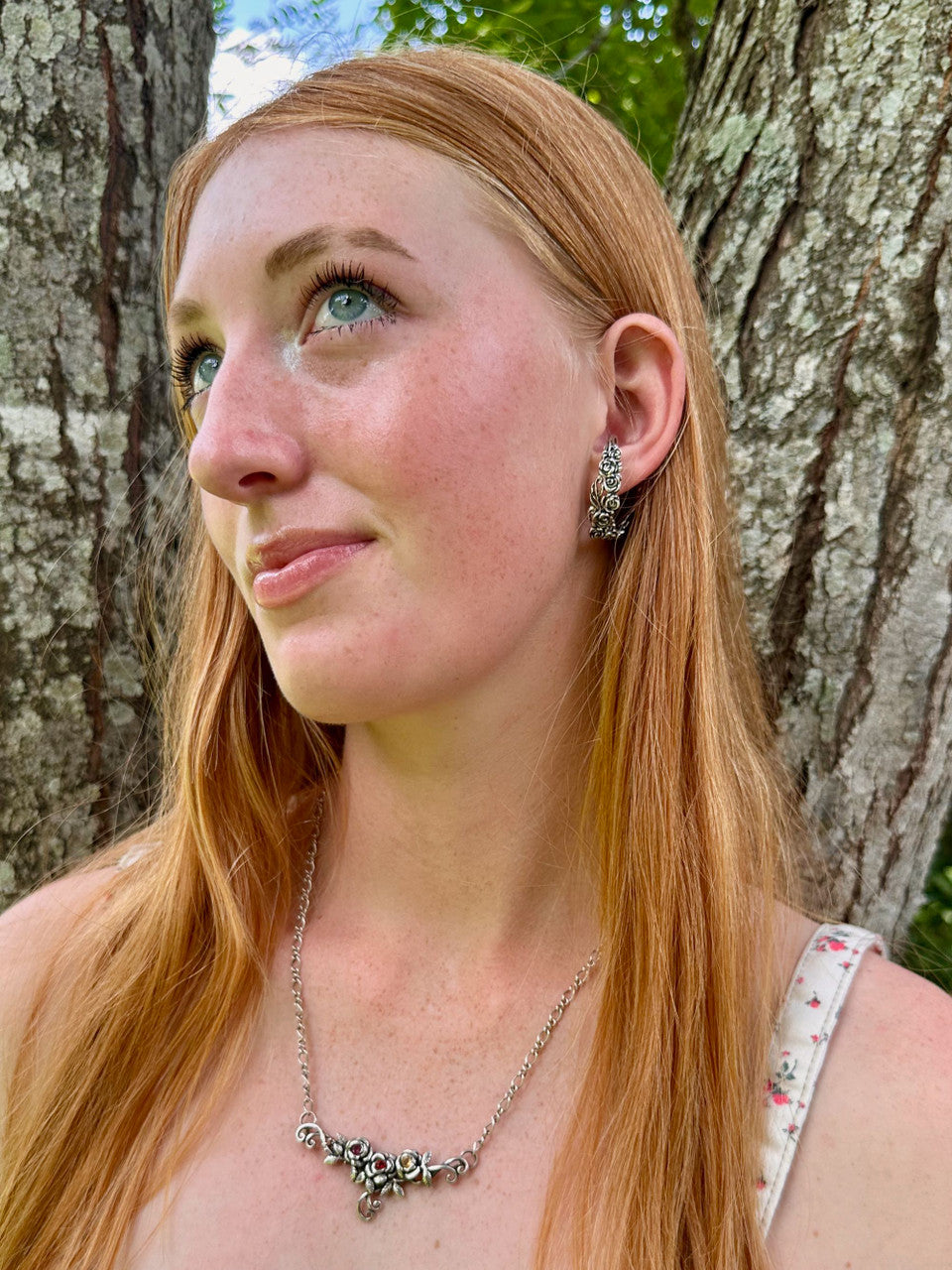 Silver Rose Tendril Ear Hoop - Left Ear