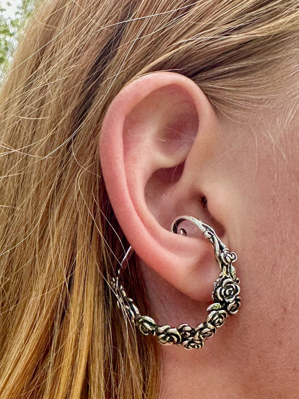 Silver Rose Tendril Ear Hoop - Right Ear