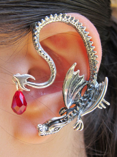 Throne Dragon Ear Wrap with Crystal - Sterling Silver