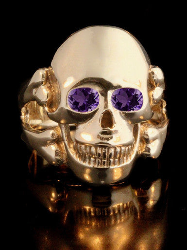 Large Skull and Crossbones  Ring with Gemstone Eyes - 14K Gold