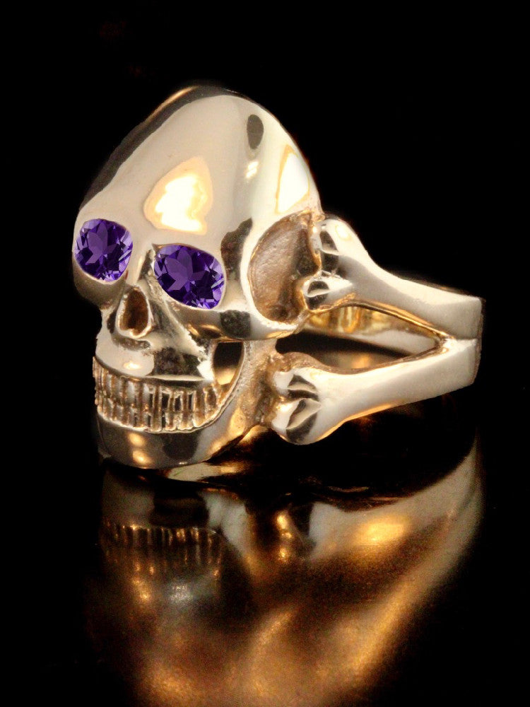 Large Skull and Crossbones Ring w/ Gemstone Eyes in 14K Gold
