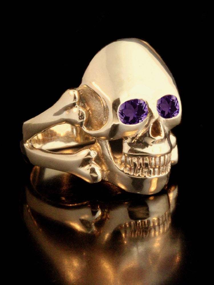 Large Skull and Crossbones Ring w/ Gemstone Eyes in 14K Gold