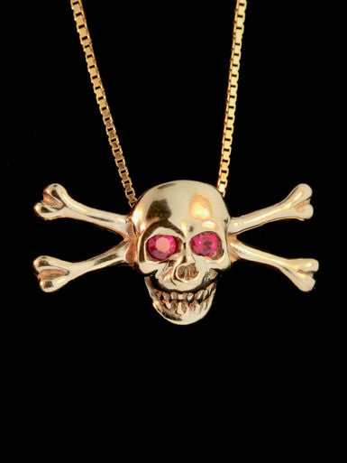 Medium Skull and Crossbones Pendant w/ Ruby or Diamond Eyes - 14k Gold