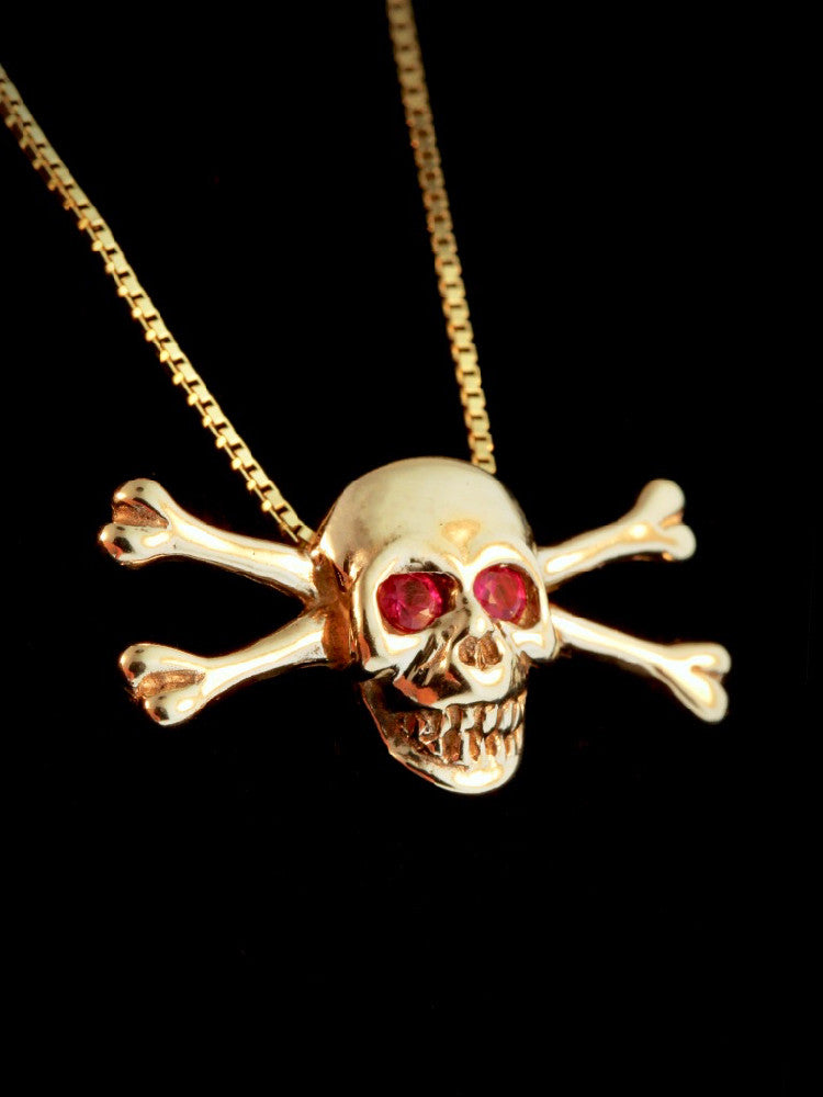 Medium Skull and Crossbones Pendant w/ Ruby or Diamond Eyes - 14k Gold