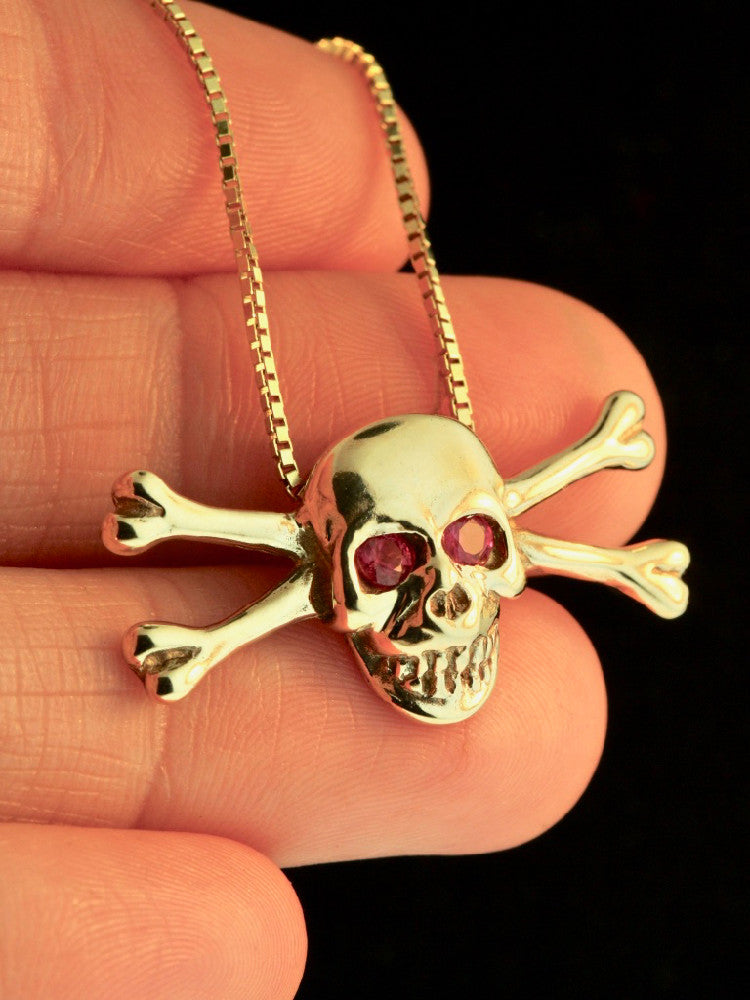 Medium Skull and Crossbones Pendant w/ Ruby or Diamond Eyes - 14k Gold