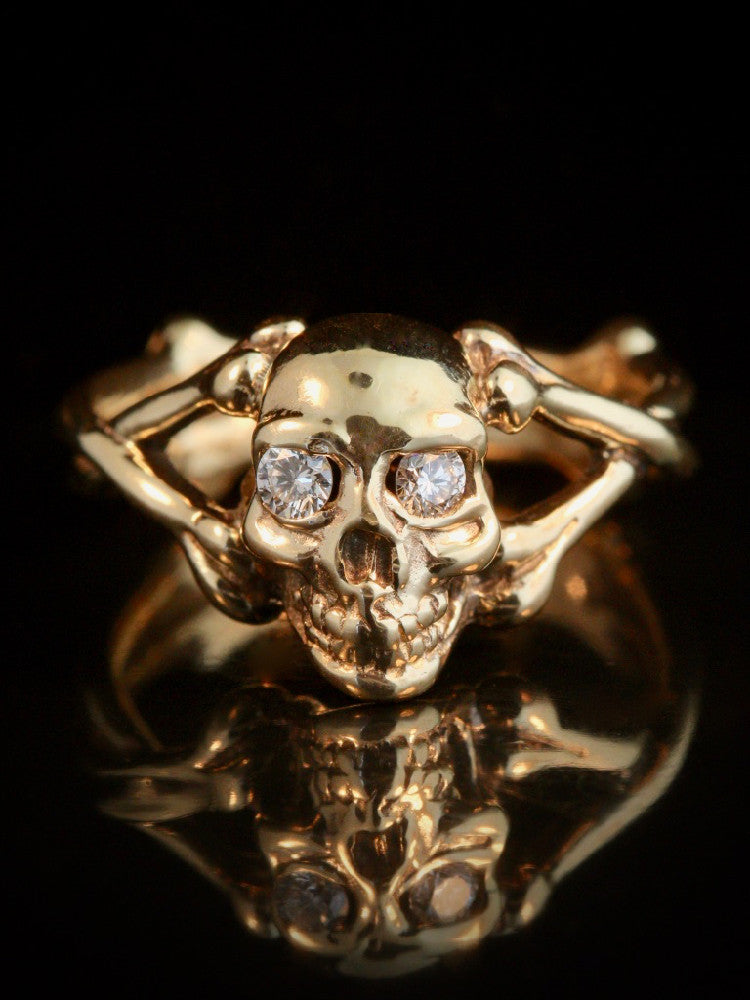 Skull and Crossbones Ring with Diamond Eyes in 14k Gold