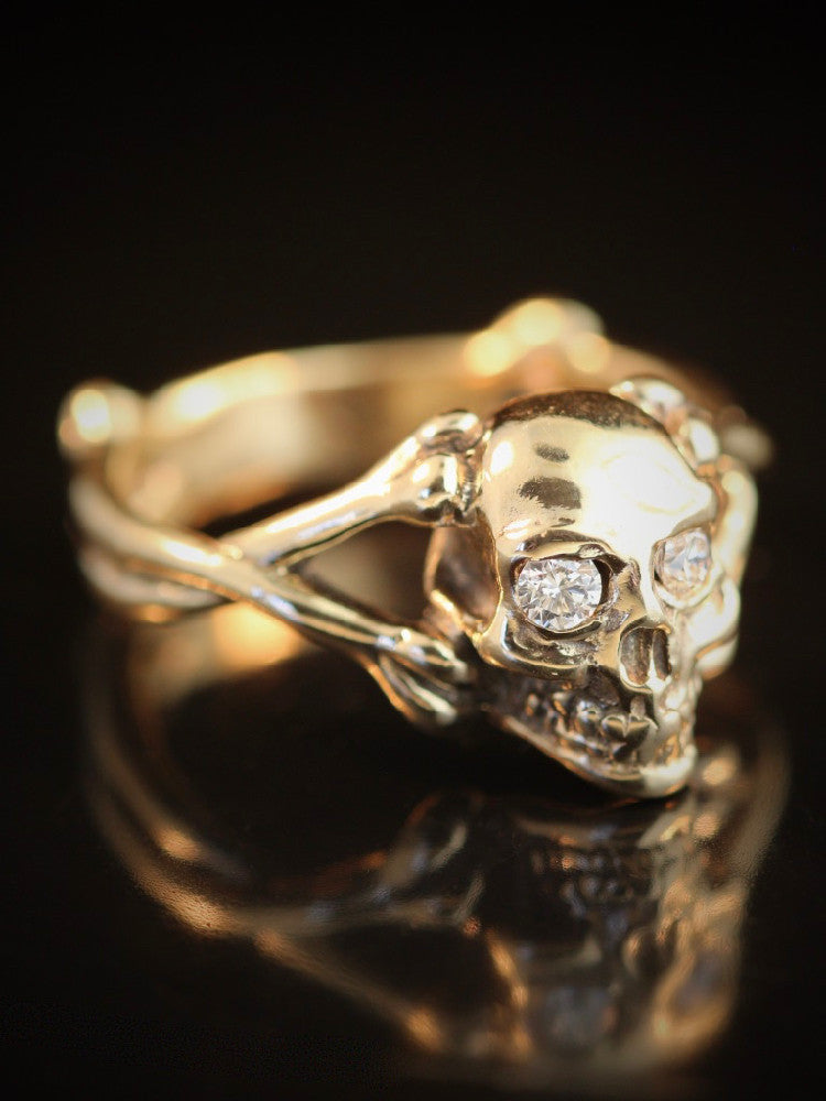Skull and Crossbones Ring with Diamond Eyes in 14k Gold