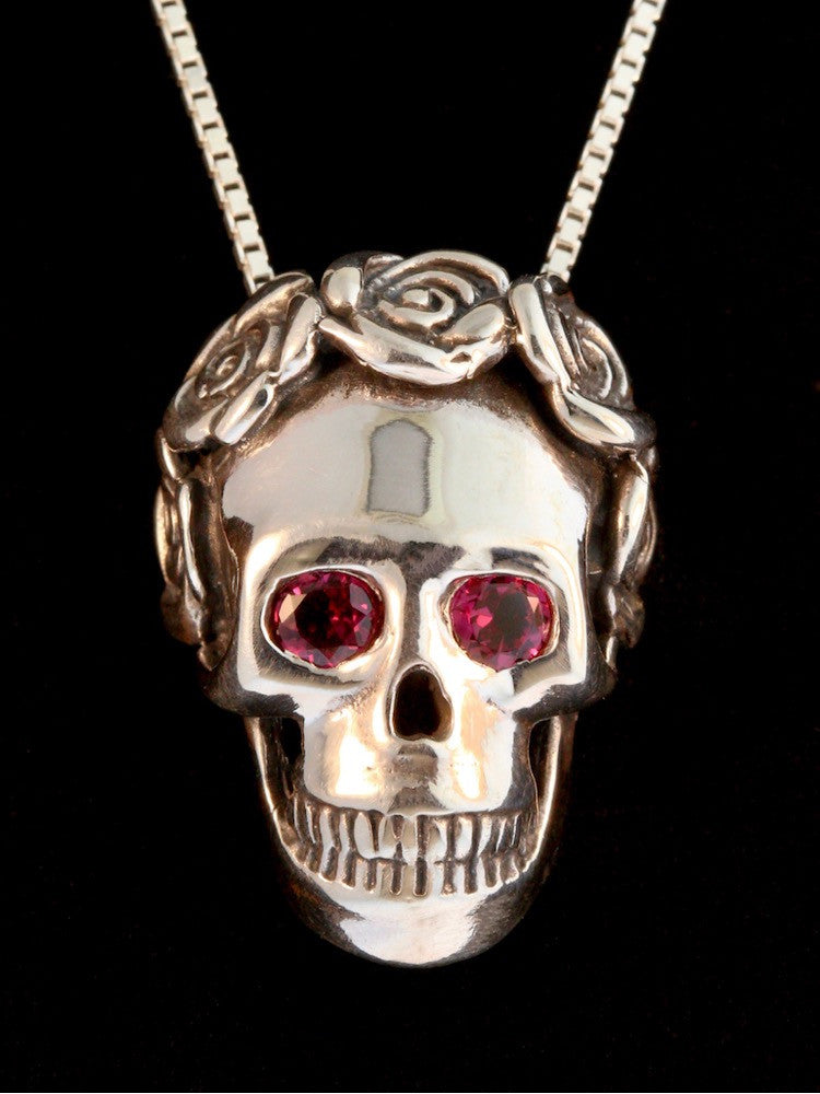 Skull and Rose Pendant with Gemstone Eyes