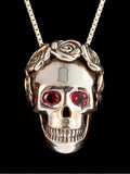 Skull and Rose Pendant with Gemstone Eyes - Sterling Silver