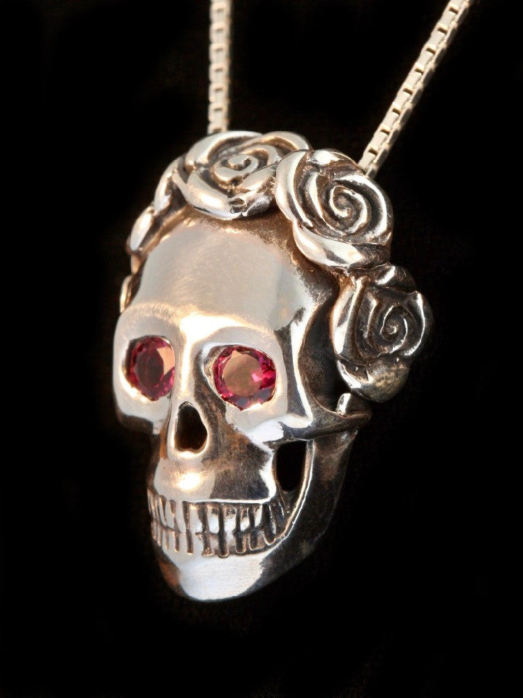 Skull and Rose Pendant with Gemstone Eyes