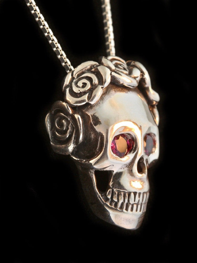 Skull and Rose Pendant with Gemstone Eyes