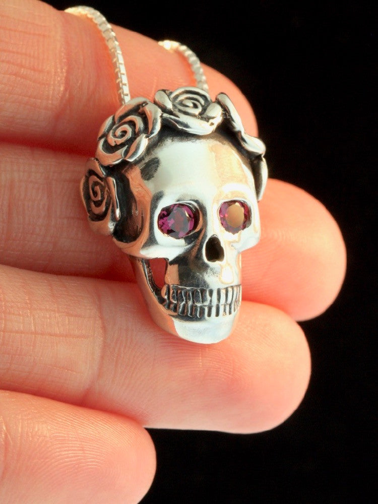 Skull and Rose Pendant with Gemstone Eyes