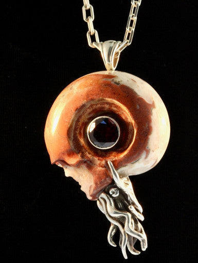 Carved Skull and Nautilus Pendant with Garnet - Sterling Silver