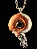 Carved Skull and Nautilus Pendant with Garnet - Sterling Silver