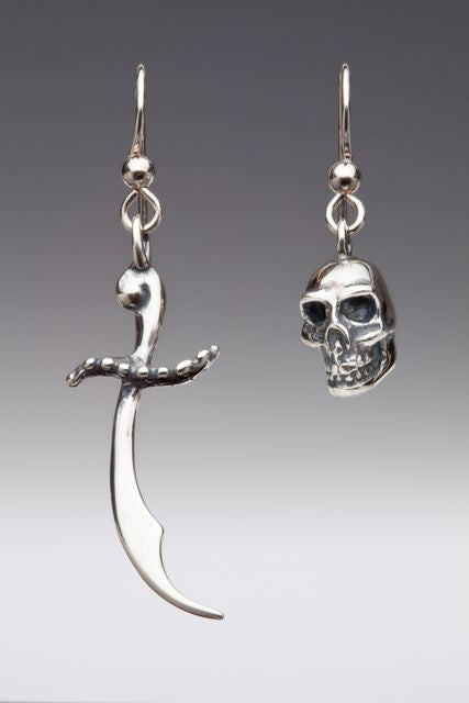 Skull and Scimitar Earrings - Silver