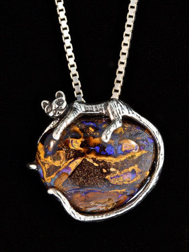 Sleeping Cat Pendant with Australian Boulder Opal - Sterling Silver