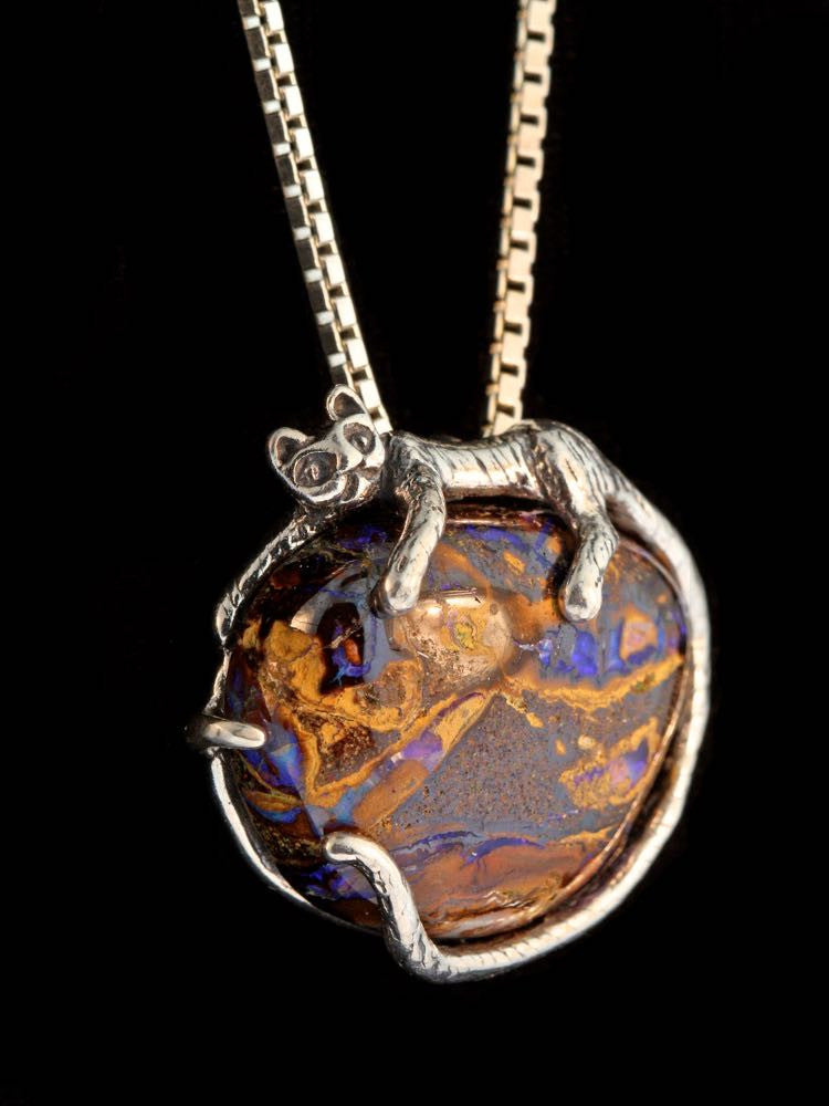 Sleeping Cat Pendant with Australian Boulder Opal - Silver